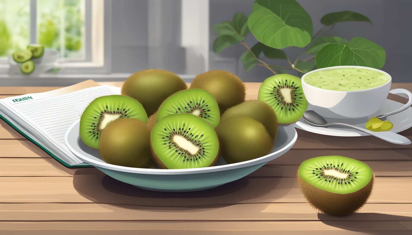 A bowl of kiwi berries next to a plate of kiwi fruit, with a measuring cup and a recipe book open to a page about health benefits