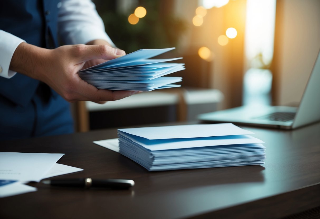 A hand holding a stack of envelopes, a pen, and a pile of invitations on a desk