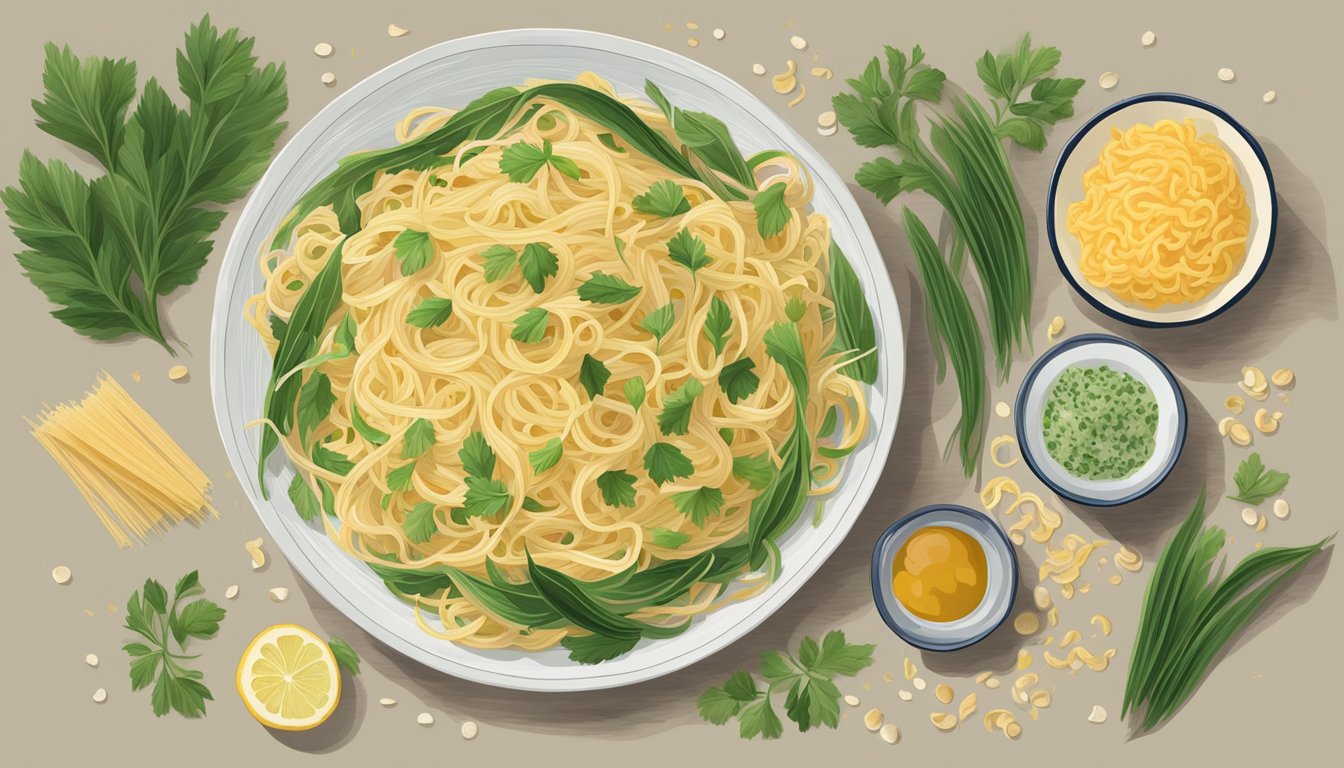 A plate of kelp noodles arranged with pasta ingredients