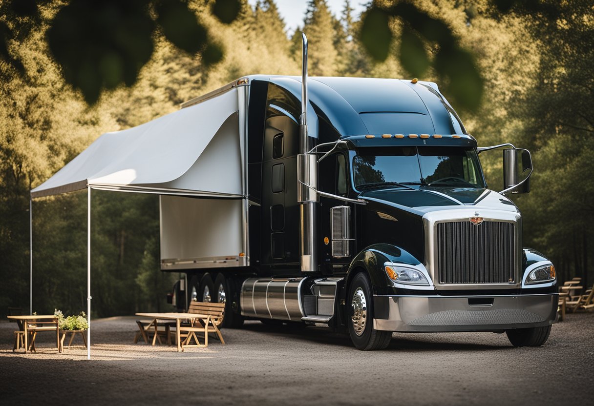 A semi truck parked at a campsite, with an awning extended and outdoor furniture set up