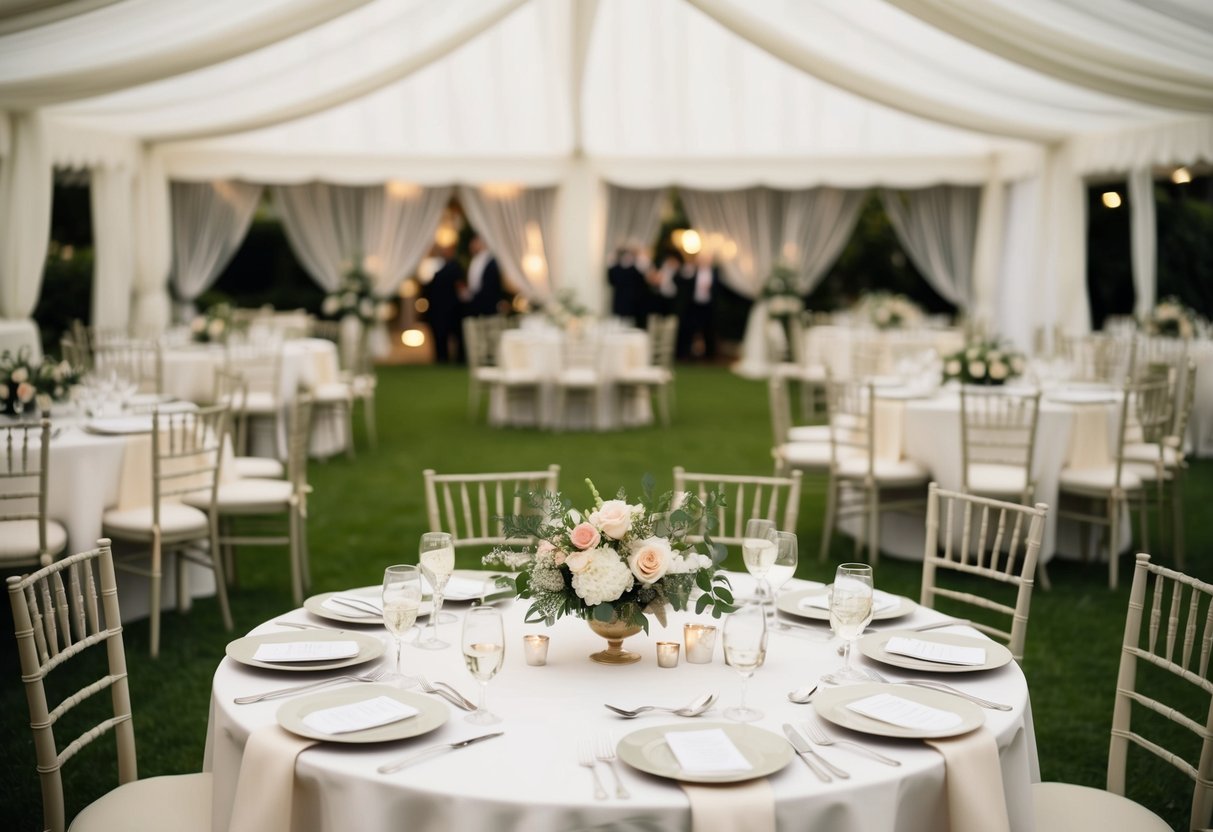 A table set with elegant place settings, adorned with floral centerpieces and surrounded by empty chairs, ready for a wedding celebration
