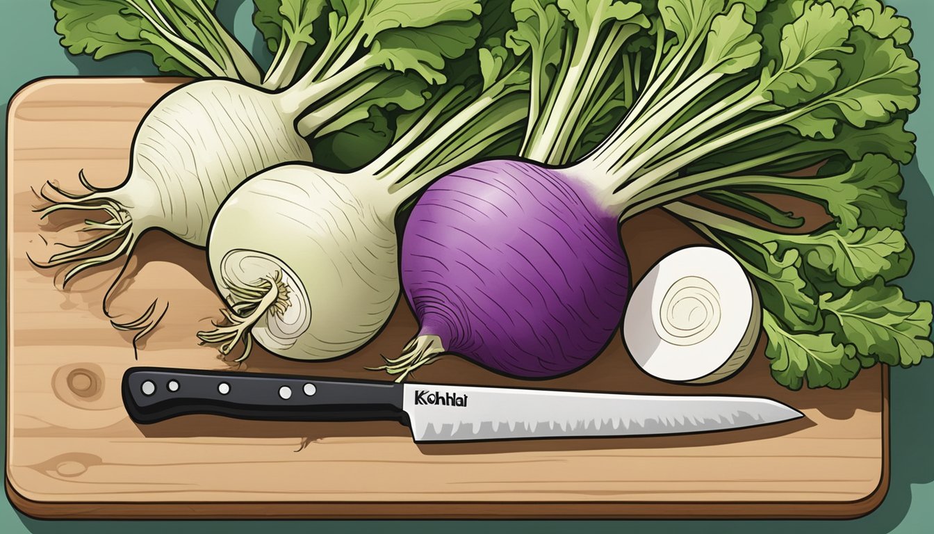 Kohlrabi and turnips arranged on a cutting board with a chef's knife, showcasing the substitution technique for recipes