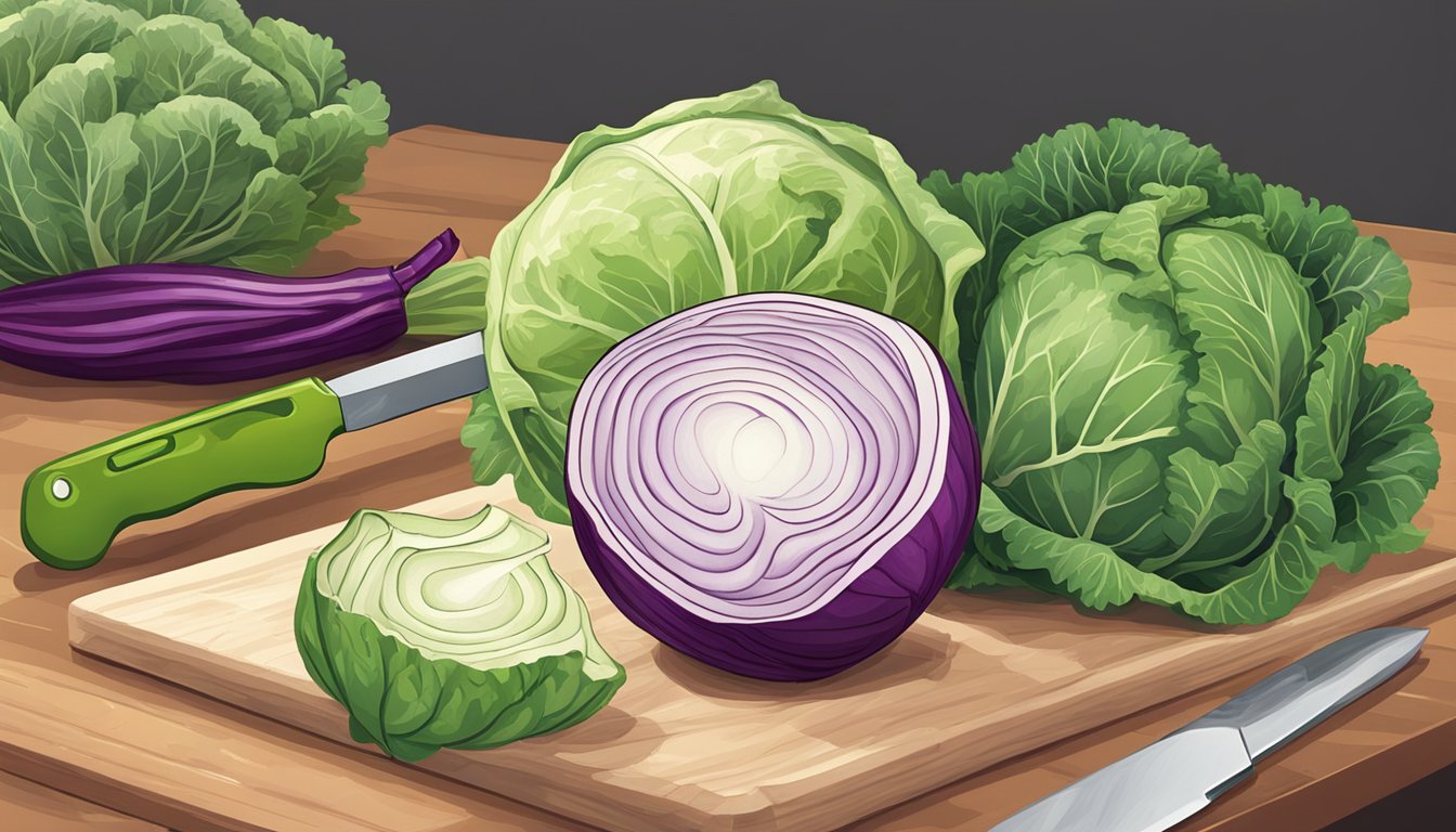 A kohlrabi bulb sits on a cutting board beside a head of cabbage, a knife poised to slice