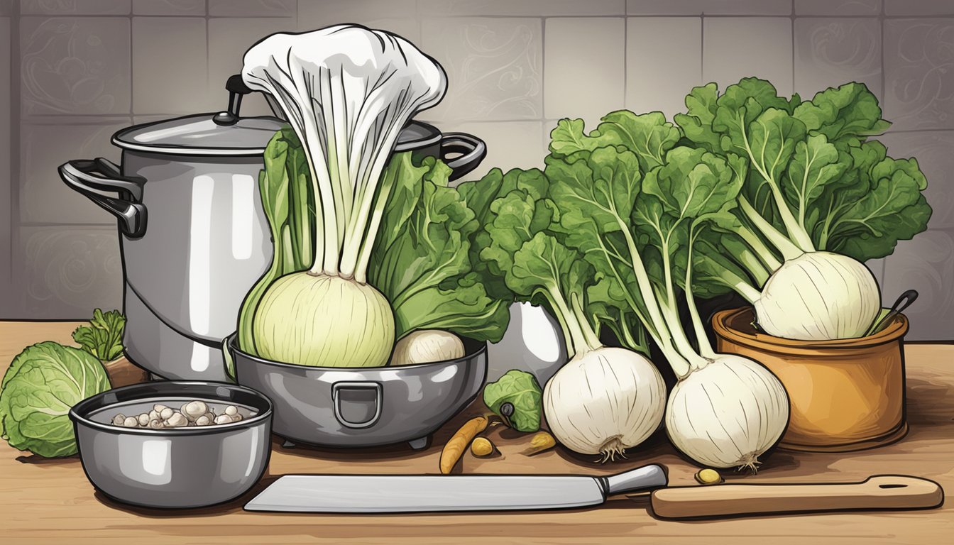 A kohlrabi and turnip sitting side by side, surrounded by various cooking utensils and ingredients, with a chef's hat in the background