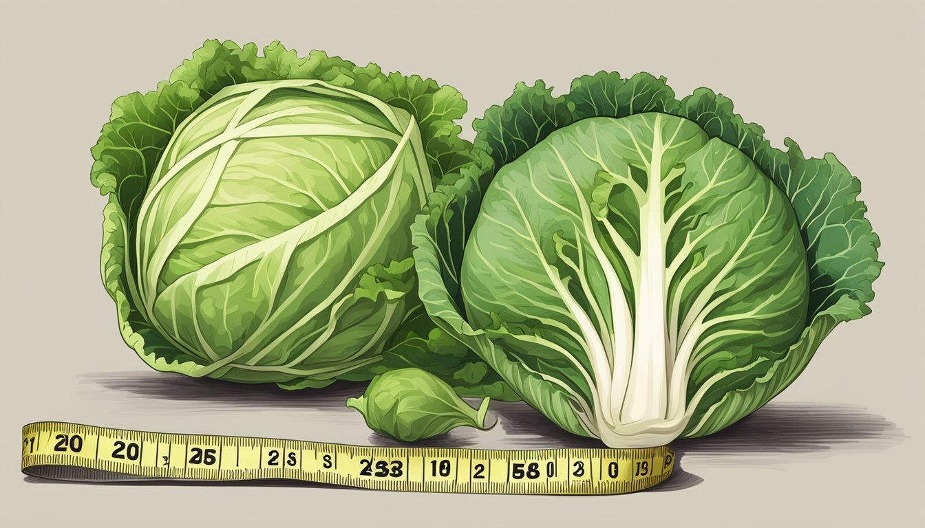 A kohlrabi and cabbage side by side, with a measuring tape showing their size. A nutrition label for each vegetable is displayed next to them