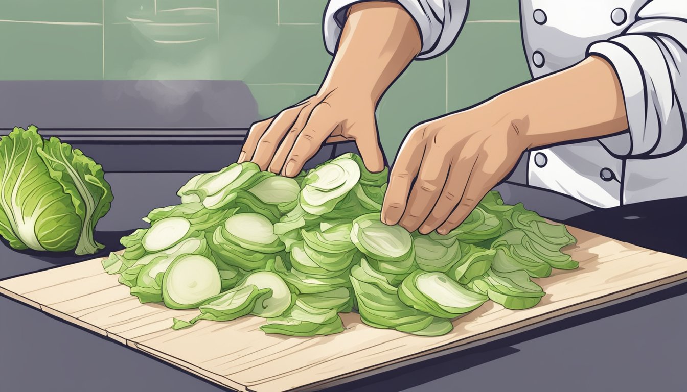 A chef chopping kohlrabi into thin slices, substituting it for cabbage in a recipe