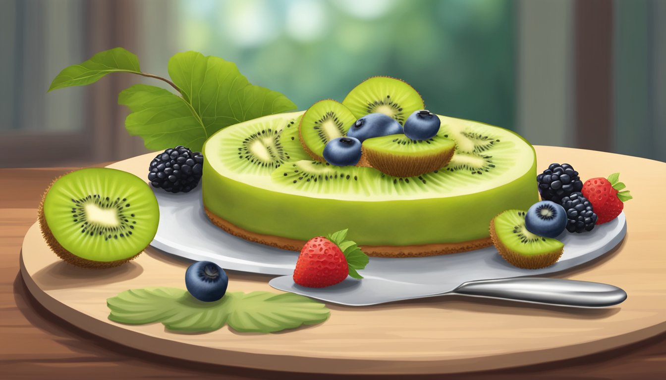 A kiwifruit being used in place of berries in a dessert recipe, with the fruit being sliced and arranged on top of a pastry or cake