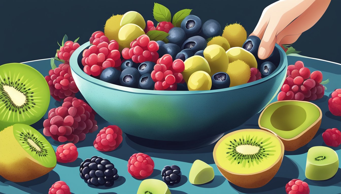 A bowl of mixed berries and kiwifruit, with a chef's hand swapping out the berries for the kiwifruit in a dessert recipe