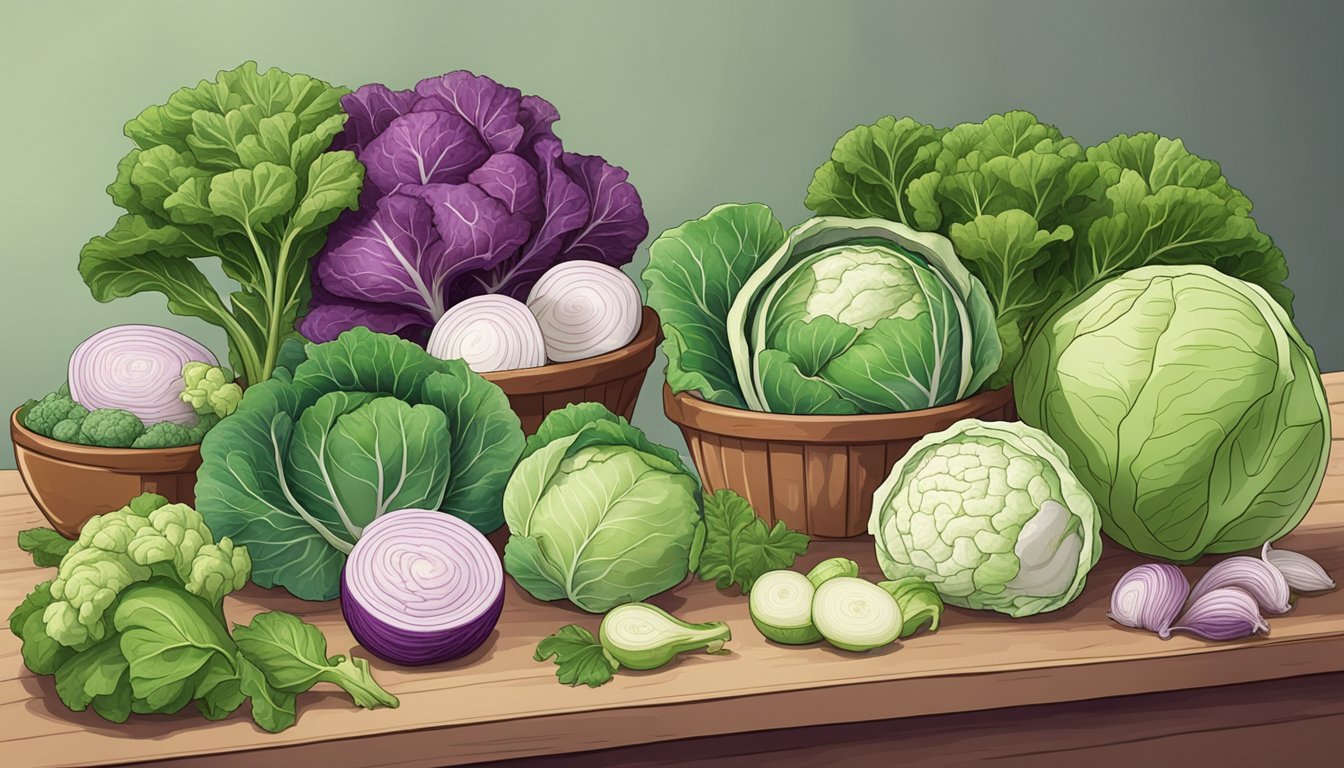 A table with kohlrabi, cabbage, and other cabbage family substitutes arranged for comparison