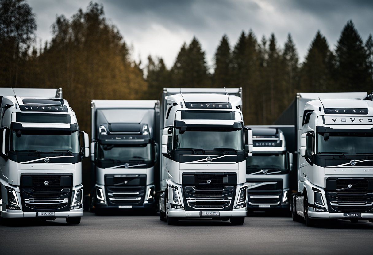 A variety of Volvo trucks in different sizes and configurations, each designed for specific purposes, lined up in a row