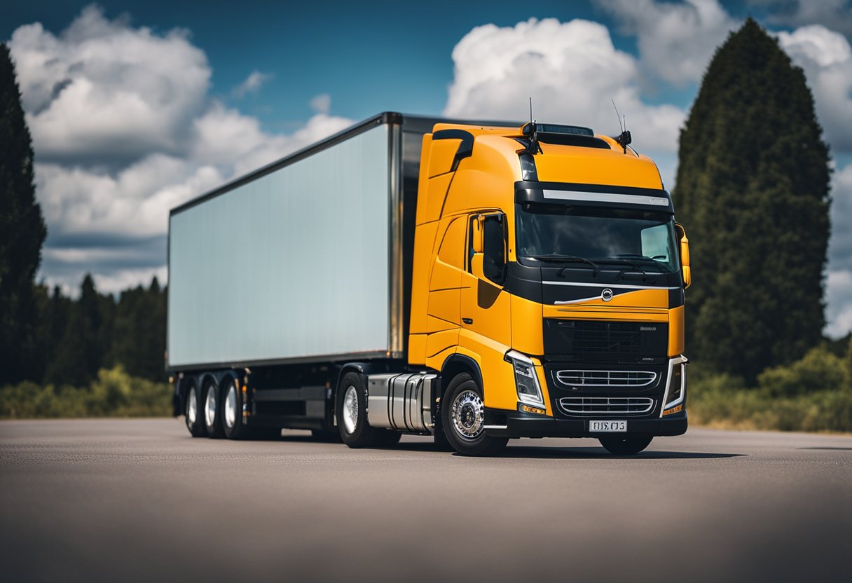 A Volvo truck sits on a scale, its weight displayed on a digital readout. The truck is parked on a flat, paved surface, with no other vehicles or objects nearby