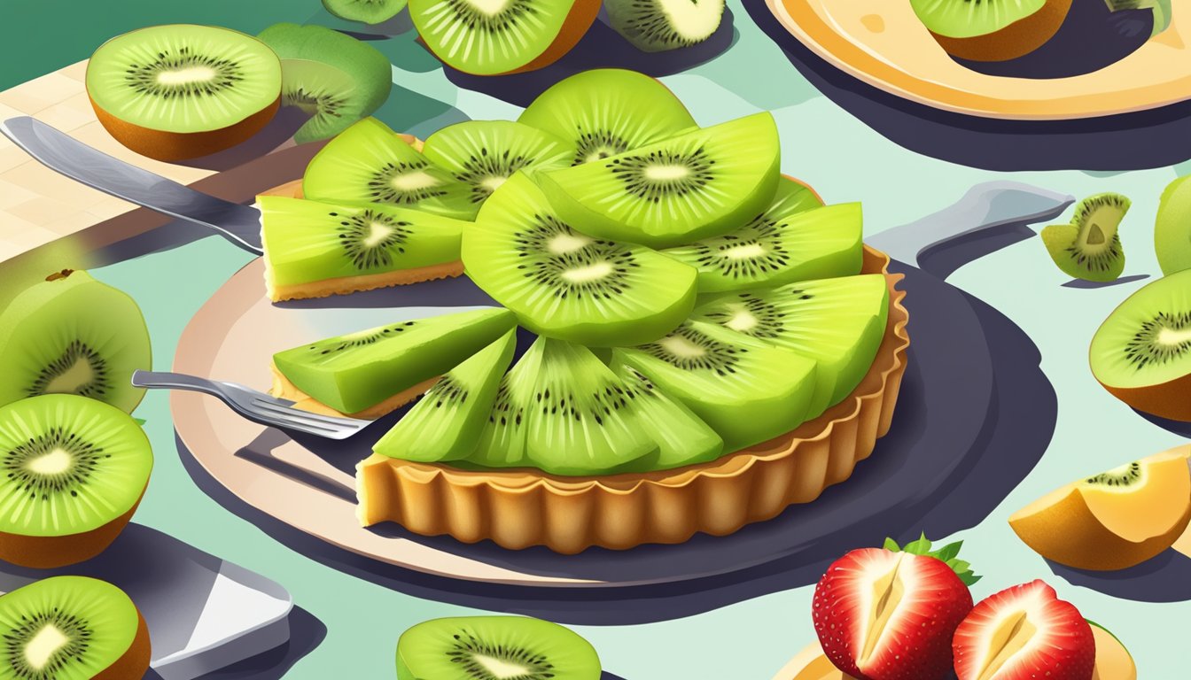 A kiwifruit being sliced and placed on top of a fruit tart, replacing the usual berries