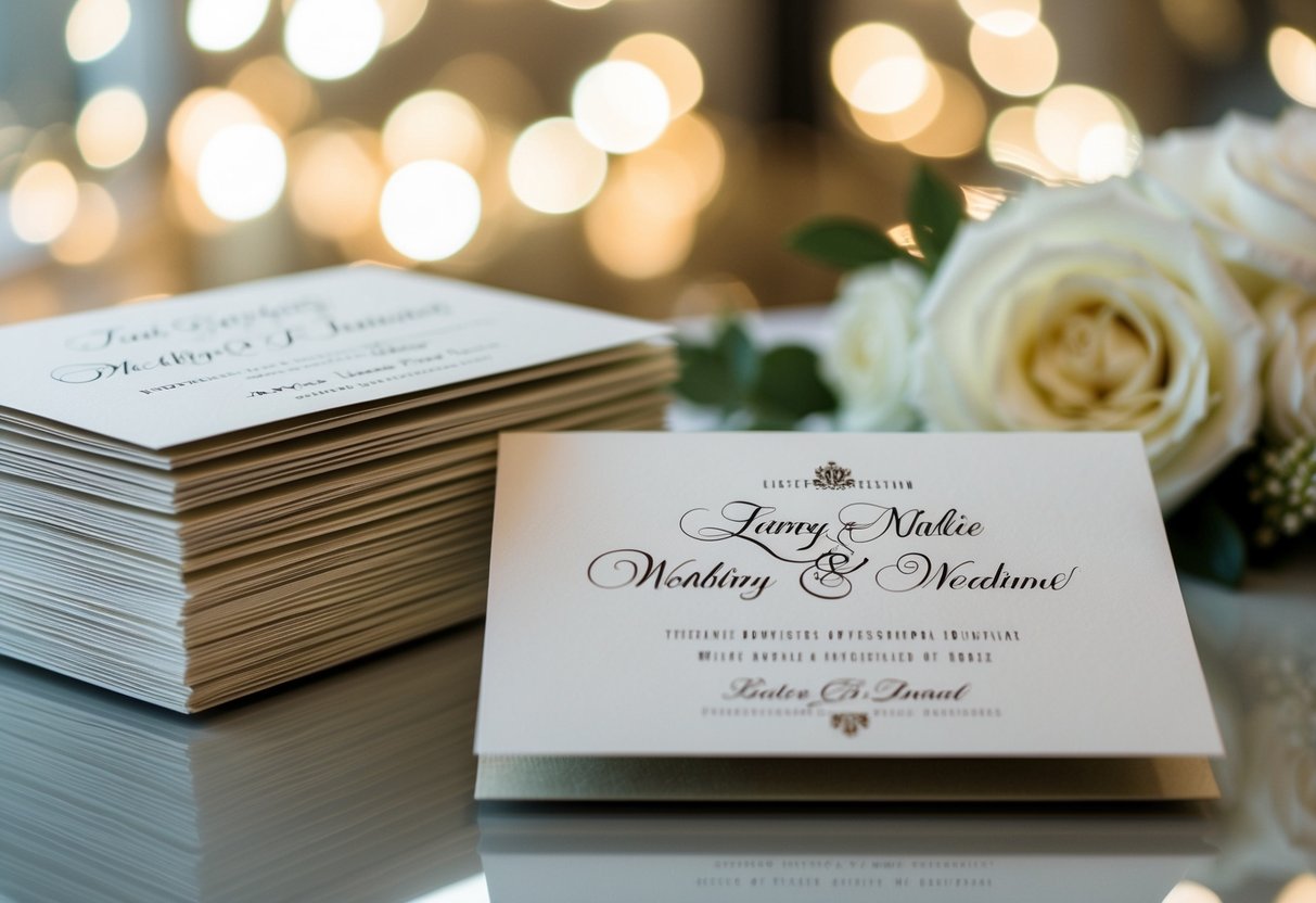 A stack of elegant wedding invitations with last names printed in fancy calligraphy