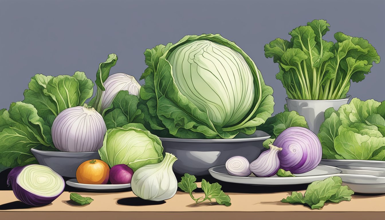 A kohlrabi placed next to various dishes, showcasing its versatility as a substitute for cabbage