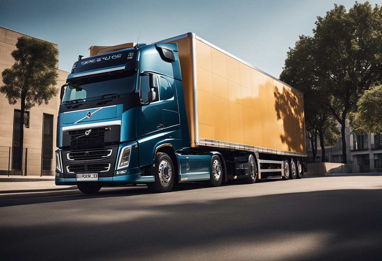 A sleek Volvo truck parked on a scale, displaying its weight. The truck showcases its comfort and design features, with a focus on its sturdy build