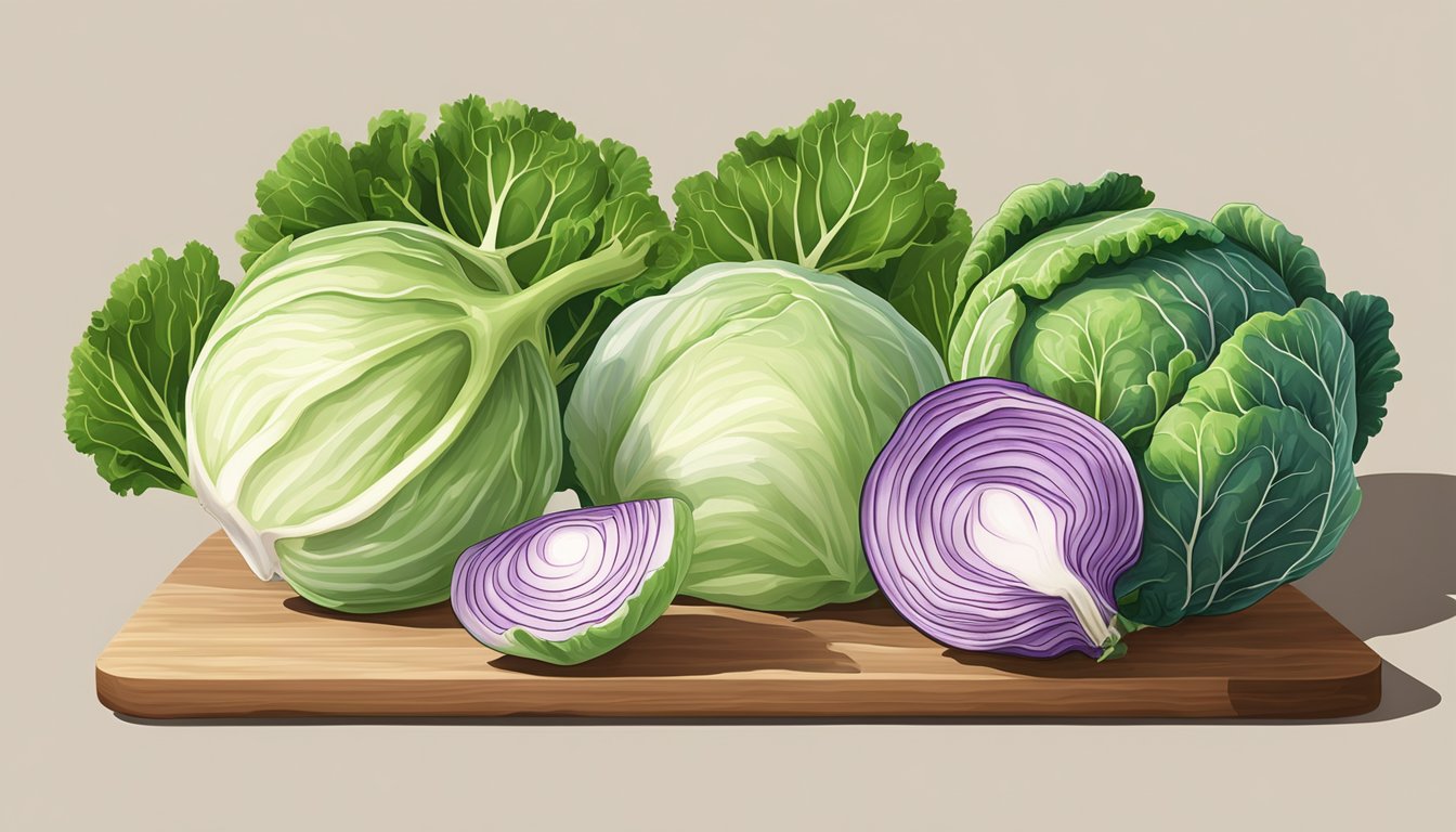 A kohlrabi bulb and cabbage head side by side on a cutting board