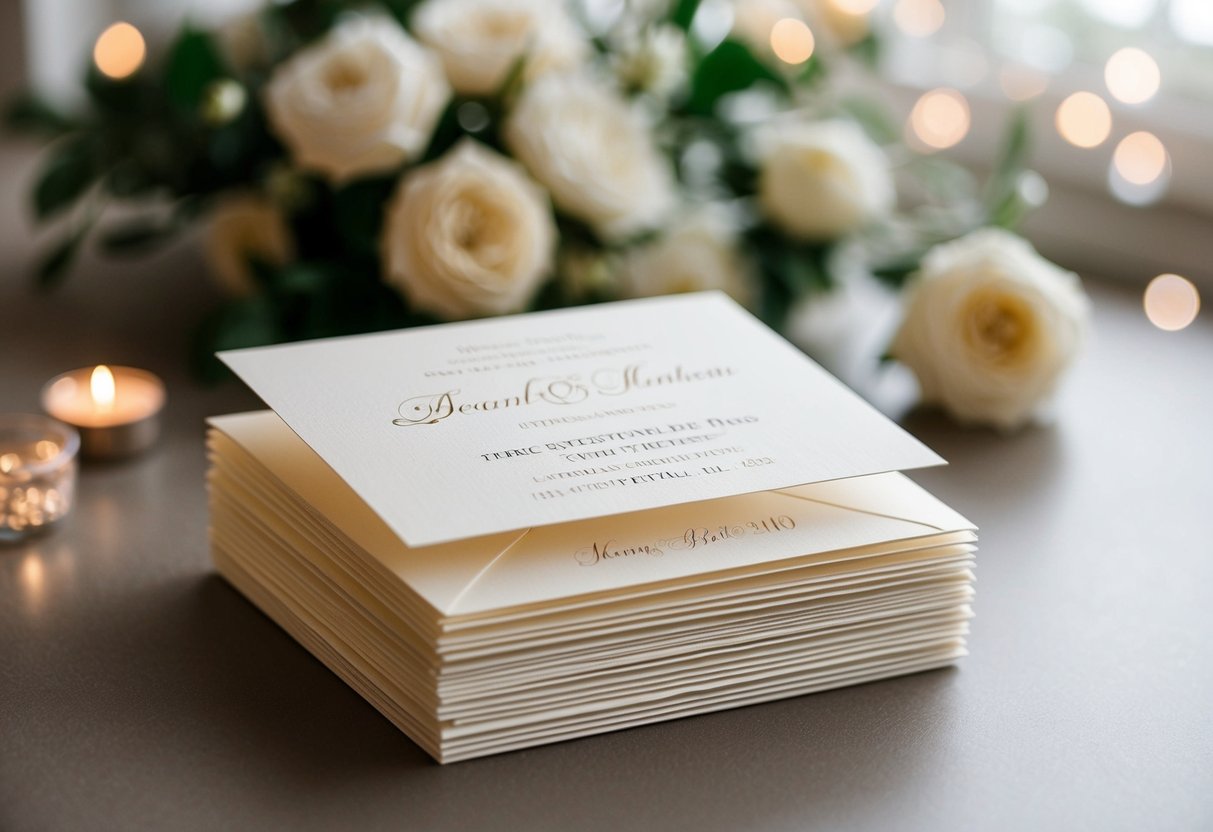 A stack of elegant wedding invitations with embossed last names