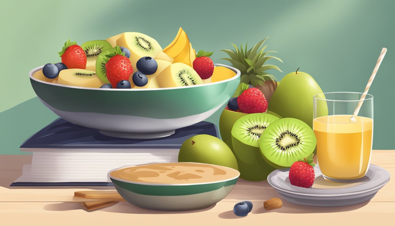 A bowl of assorted desserts with kiwifruit replacing berries, surrounded by ingredients and a recipe book