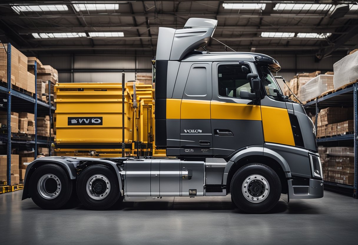 A Volvo truck surrounded by various attachments and customization options, with a scale underneath indicating its weight