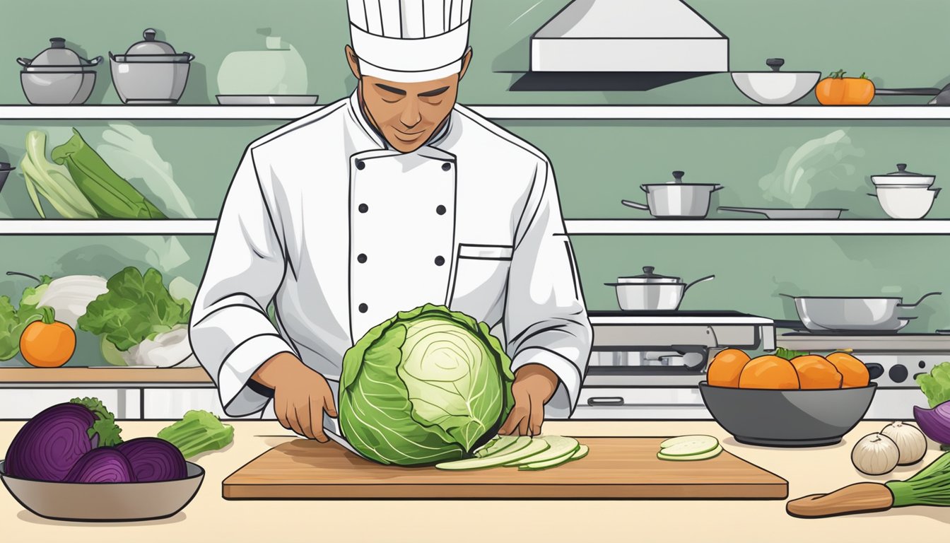 A chef slicing kohlrabi to replace cabbage in a recipe, with other vegetables and a cutting board in the background