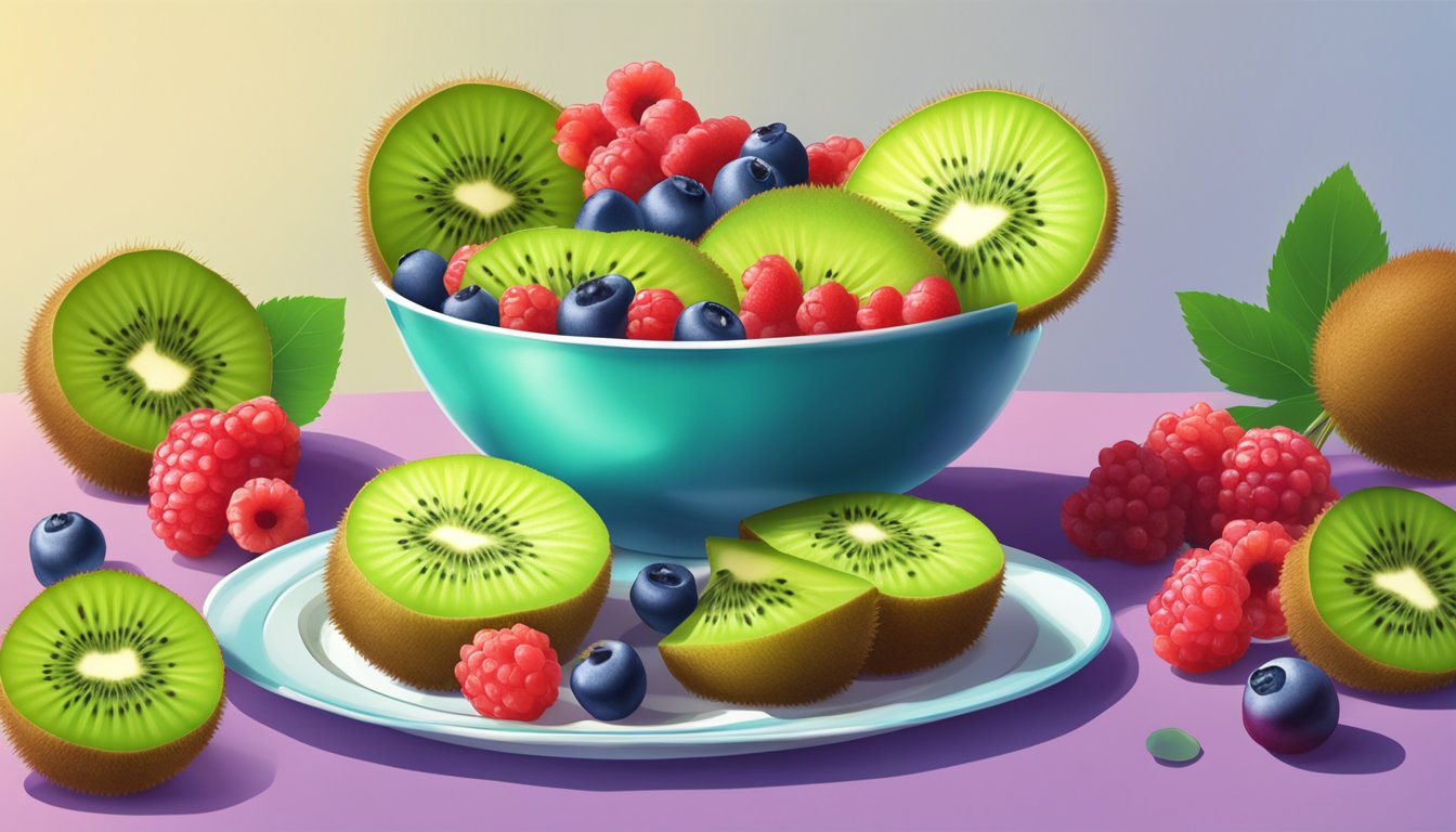 A vibrant kiwifruit being sliced and arranged on top of a decadent dessert, with a bowl of berries sitting in the background