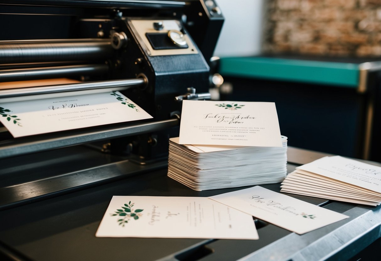 A printing press with wedding invitation designs stacked nearby