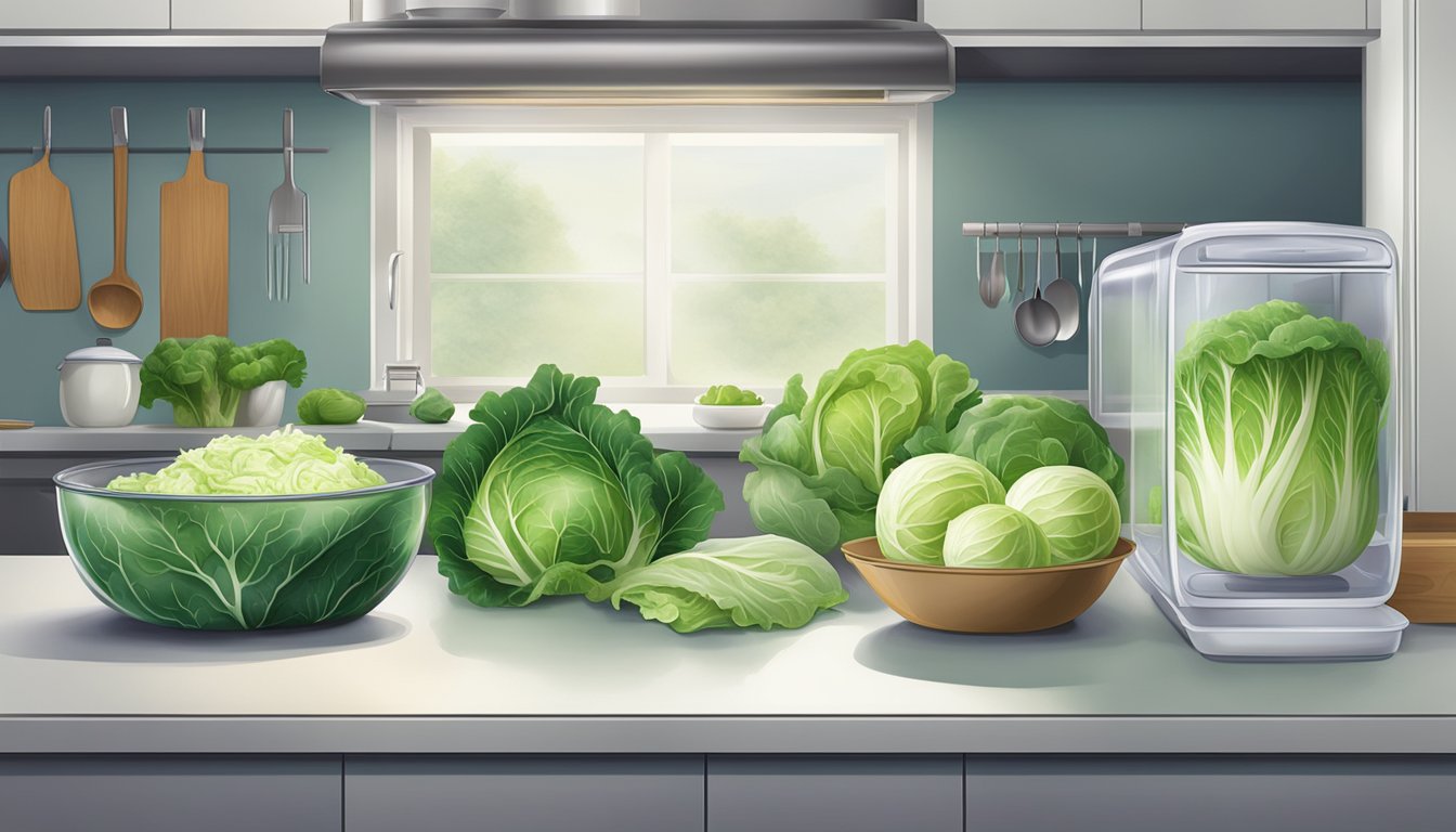 A kitchen counter with a kohlrabi and cabbage, airtight containers, and a refrigerator