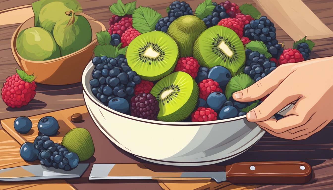 A bowl of mixed berries and kiwifruit sits on a wooden table next to a cutting board and knife. A chef's hand reaches for a ripe kiwi to slice for a dessert