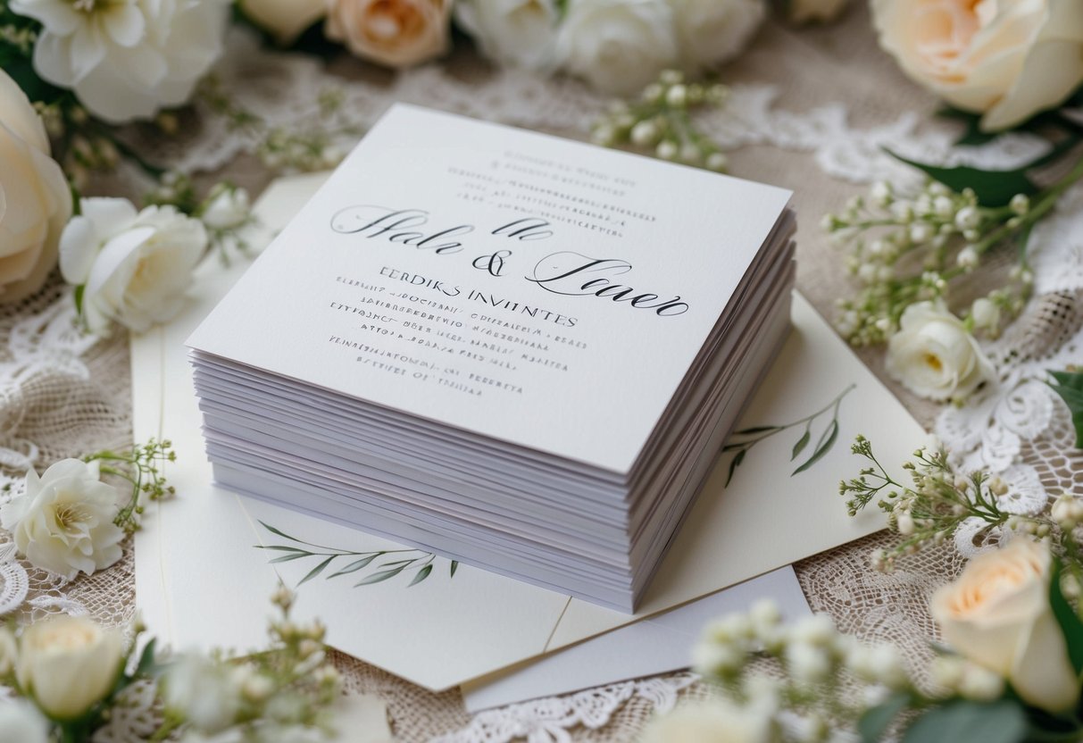 A stack of elegant wedding invitations, each displaying the couple's last names in fine calligraphy, surrounded by delicate floral and lace details