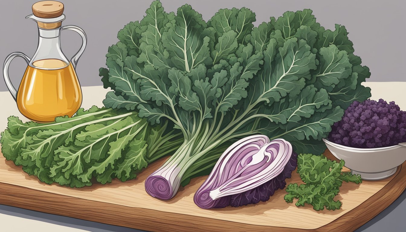 A colorful bunch of lacinato kale sits on a cutting board, surrounded by various ingredients. An open cookbook displays a recipe for curly kale substitution