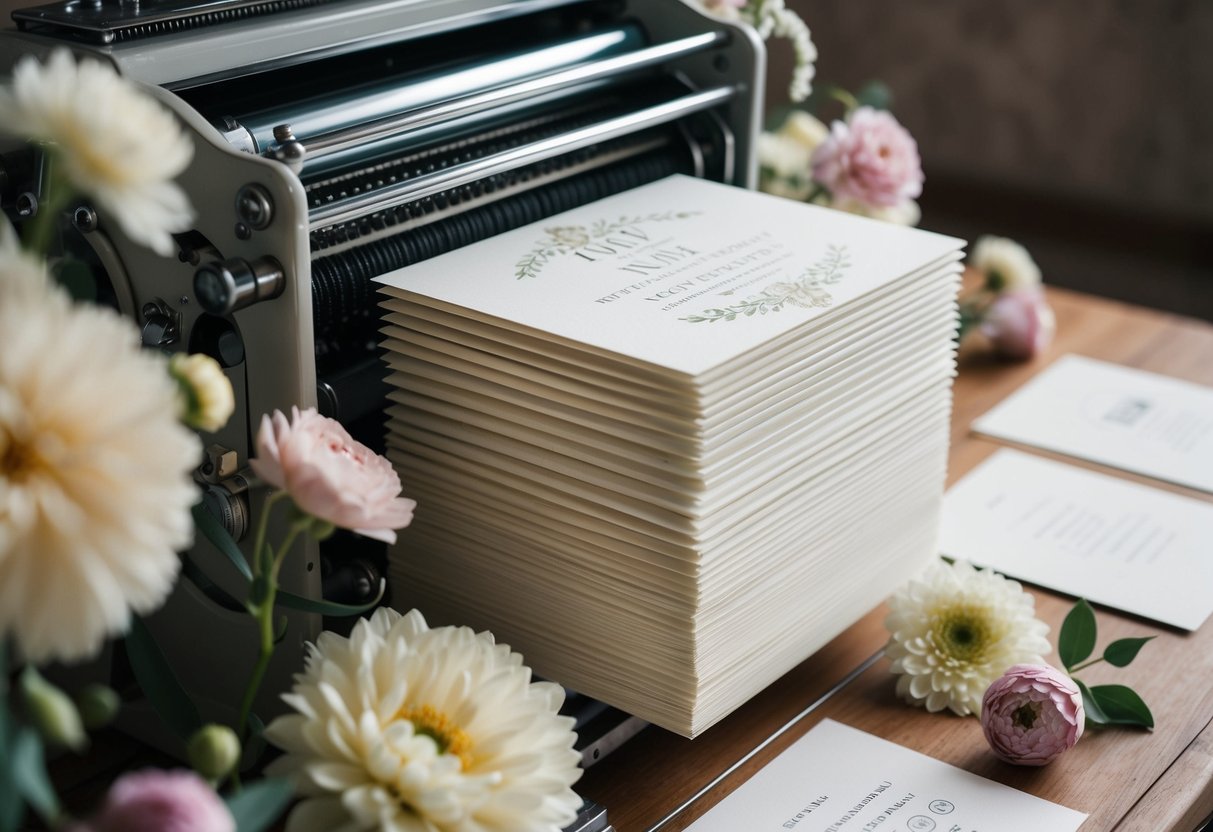 A stack of elegant wedding invitations being printed on a vintage letterpress machine, surrounded by delicate floral and decorative elements