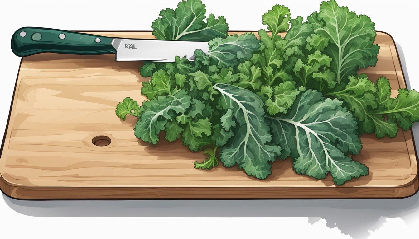 A cutting board with lacinato and curly kale leaves, a knife, and a bowl of chopped kale