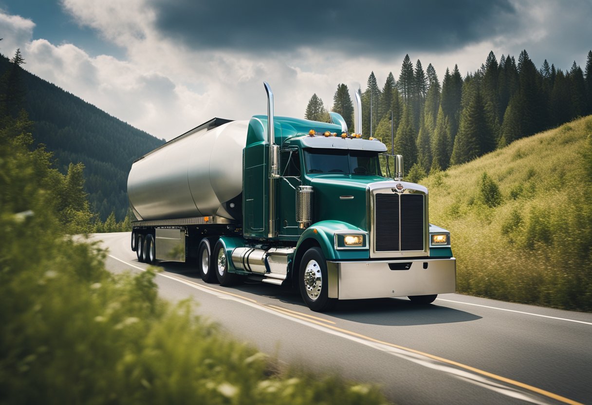 A semi-truck with a powerful engine pulling a heavy load up a steep hill