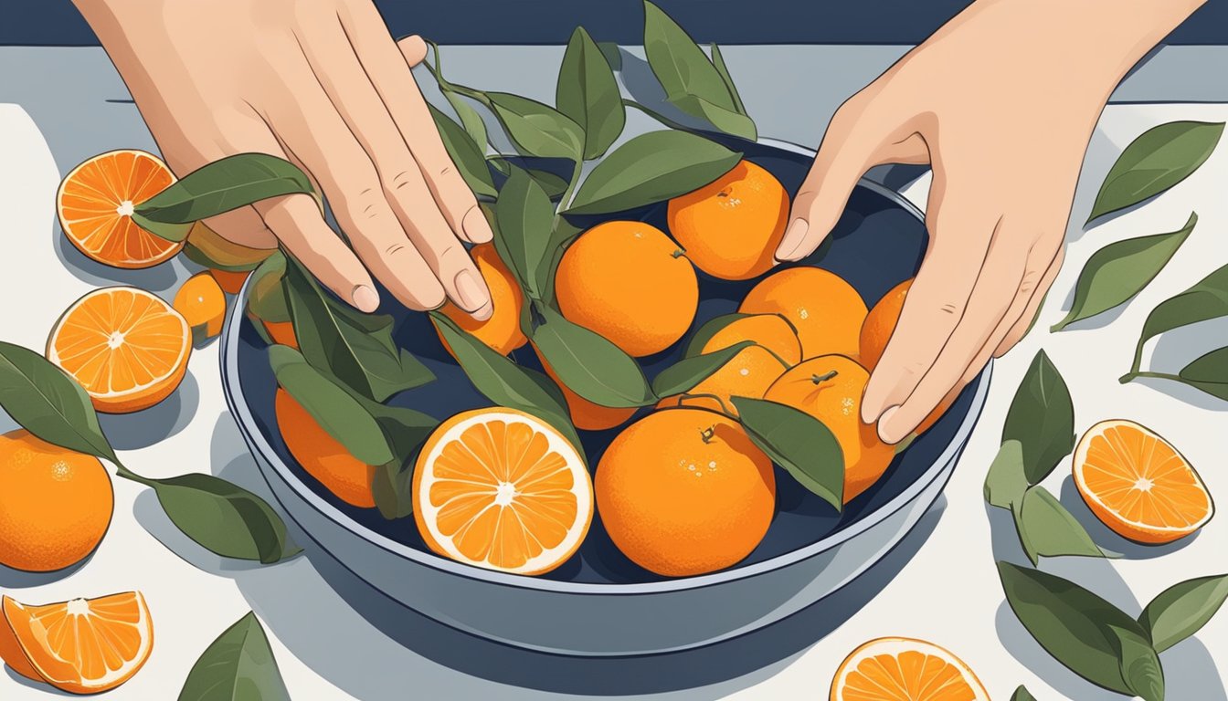 A bowl of kumquats and oranges, with a hand reaching for an orange