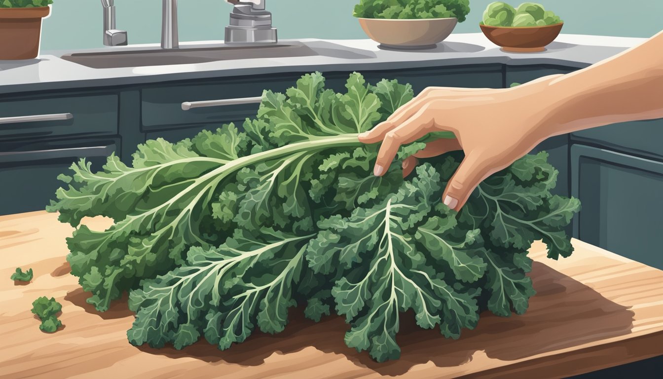 A hand reaching for a bunch of lacinato kale in a refrigerator, next to a bowl of chopped curly kale on a cutting board