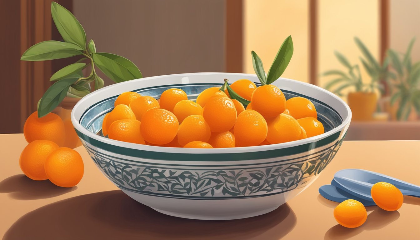 A bowl of kumquats next to a zester, with a vibrant orange in the background