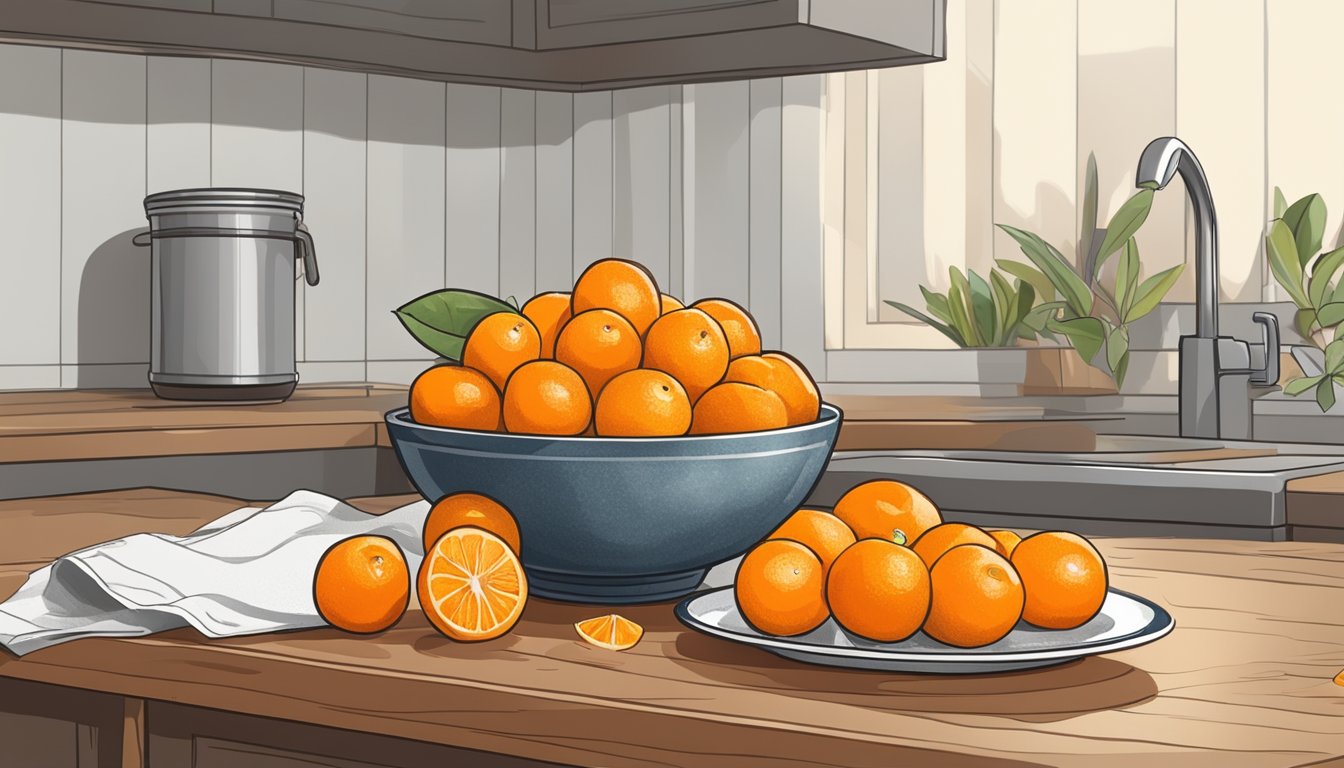 A bowl of kumquats placed next to a bowl of oranges, with a knife and cutting board in the background