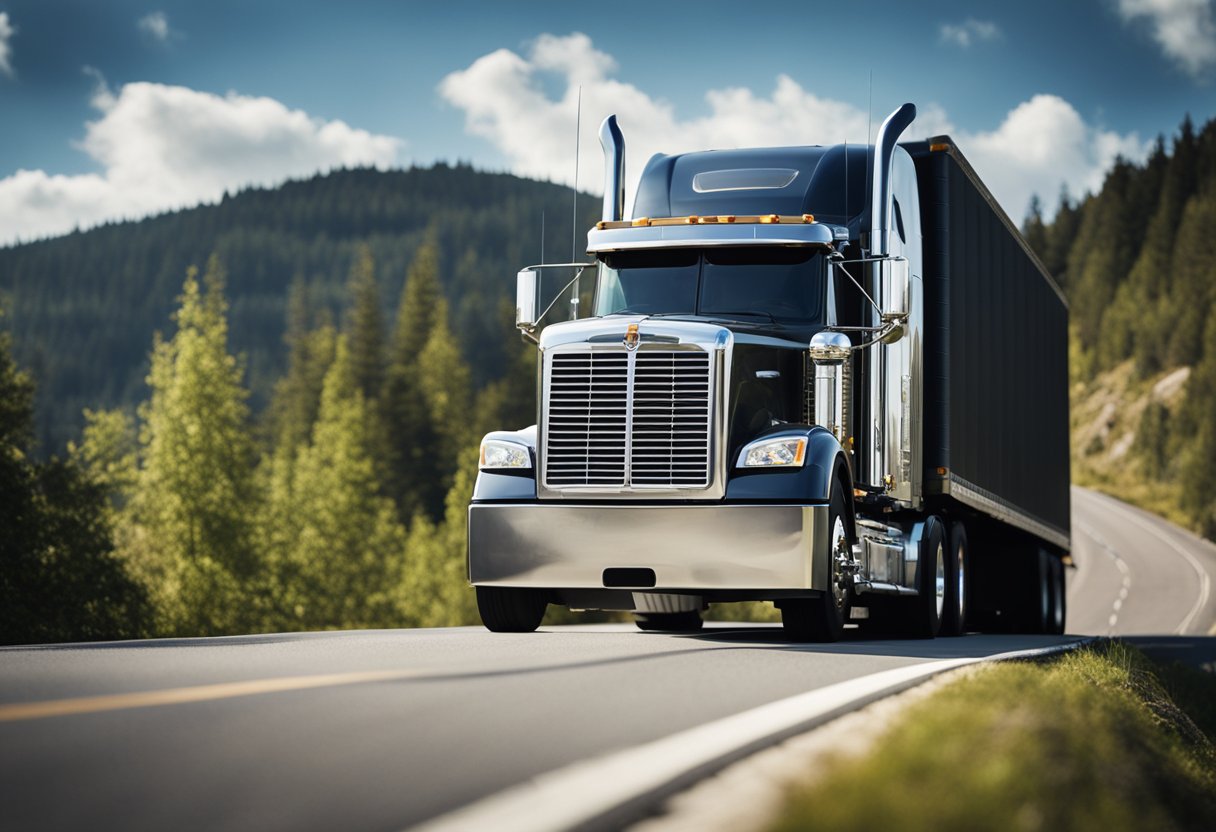 A semi-truck with a powerful engine pulling a heavy load up a steep hill