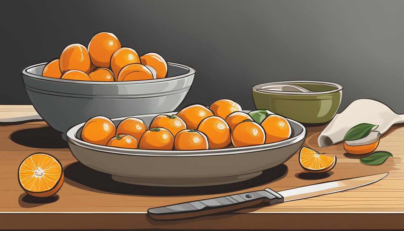 A bowl of kumquats and oranges beside a cutting board with a knife, showcasing the process of substituting kumquats for oranges in a culinary setting