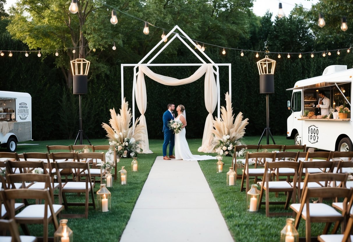 A trendy wedding: outdoor ceremony with boho decor, geometric arch, and pampas grass. Lounge seating, Edison bulb lighting, and food truck caterers
