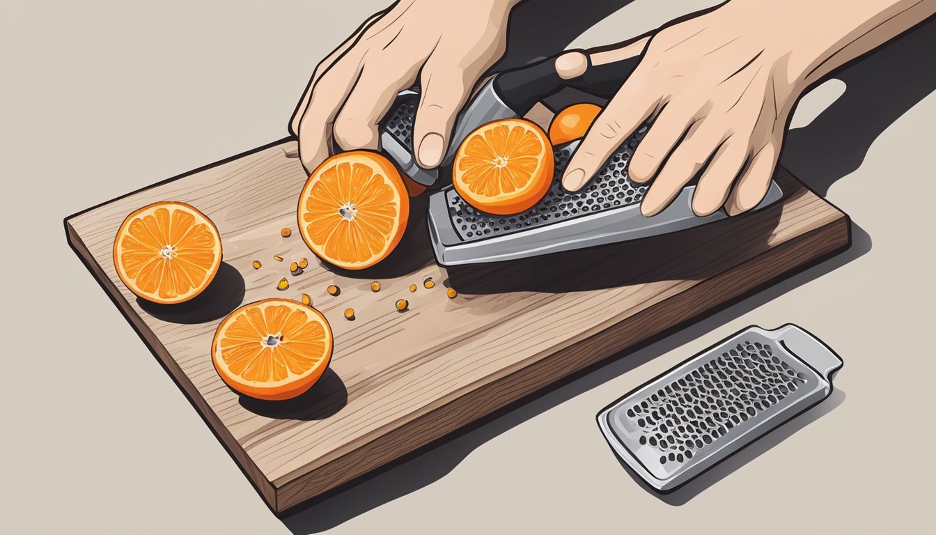 A hand holding a kumquat and a grater, with orange zest falling onto a cutting board