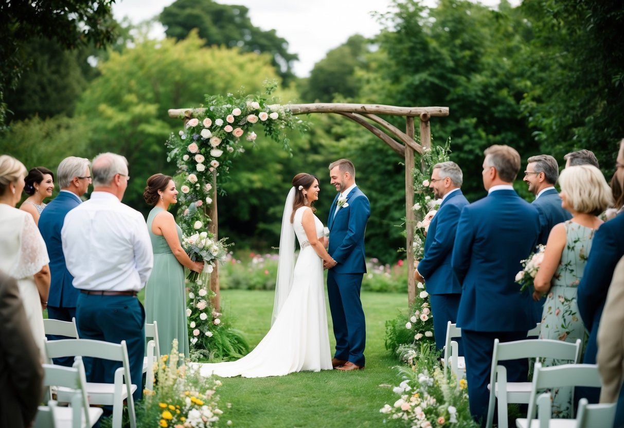 A simple outdoor ceremony in a lush garden with a rustic arch adorned with wildflowers, surrounded by close family and friends