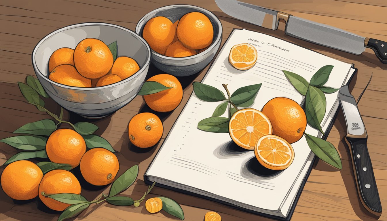 A bowl of kumquats and oranges next to a cutting board with a knife, with a recipe book open to a page on fruit substitutions