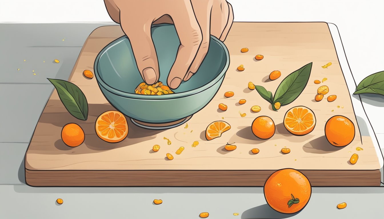 A hand reaches for a bowl of kumquats, a zester hovers above. Orange zest and kumquat peel are scattered on a cutting board