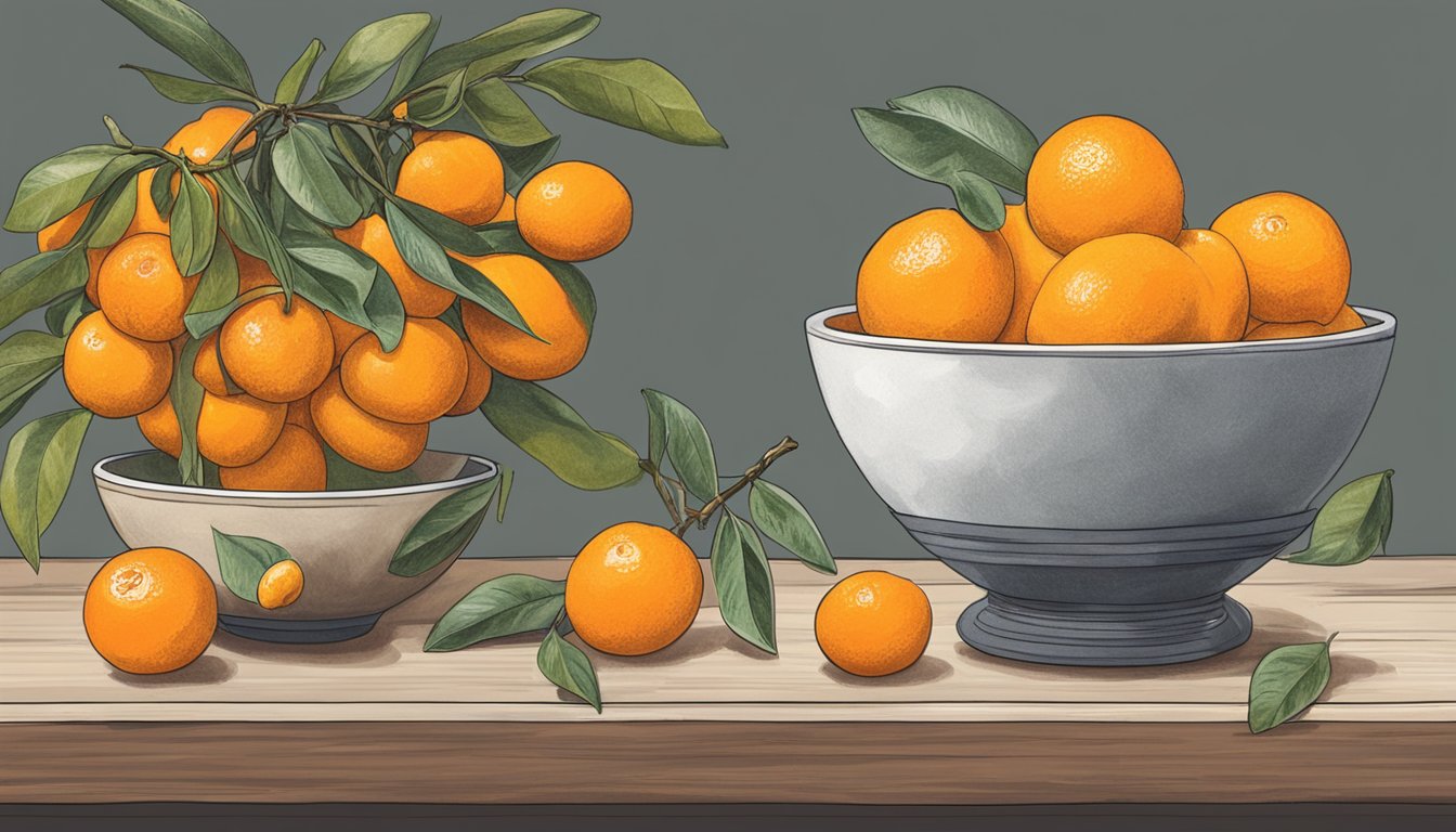 A bowl of kumquats next to a bowl of oranges, with a hand reaching for the kumquats