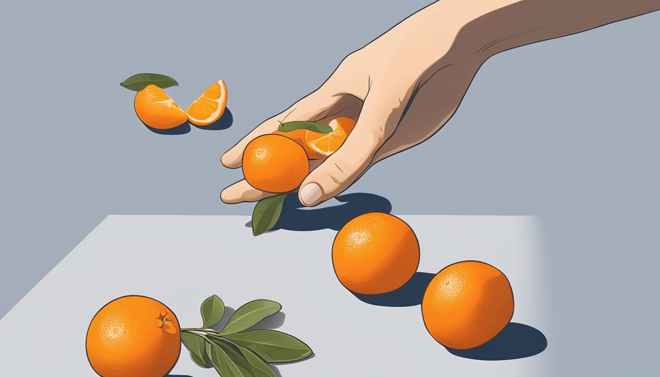 A hand reaching for a kumquat, a zester, and an orange in the background