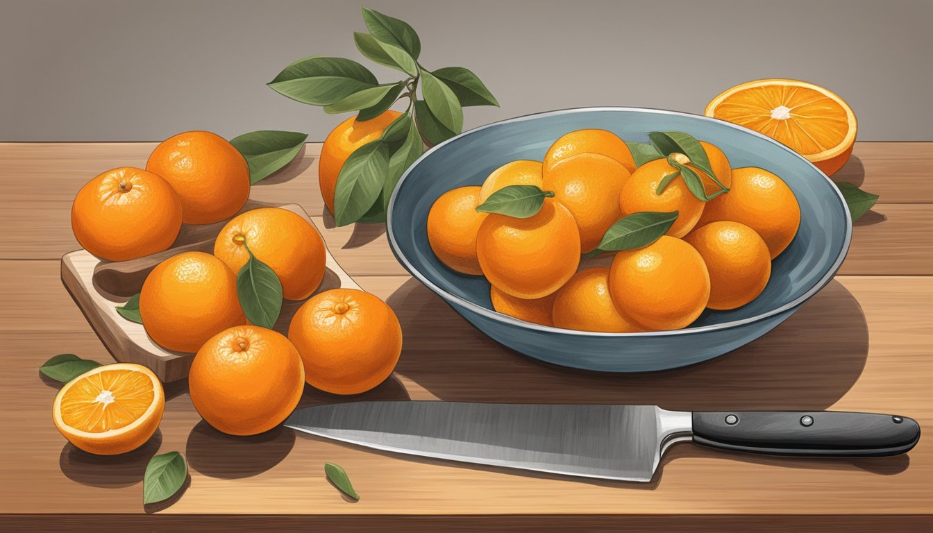 A bowl of kumquats and oranges on a wooden cutting board, with a chef's knife and measuring spoons nearby