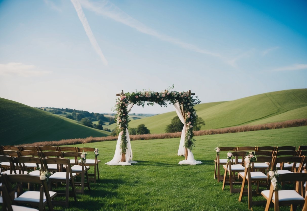 A rustic outdoor wedding ceremony with a floral arch and bunting, surrounded by rolling green hills and a clear blue sky