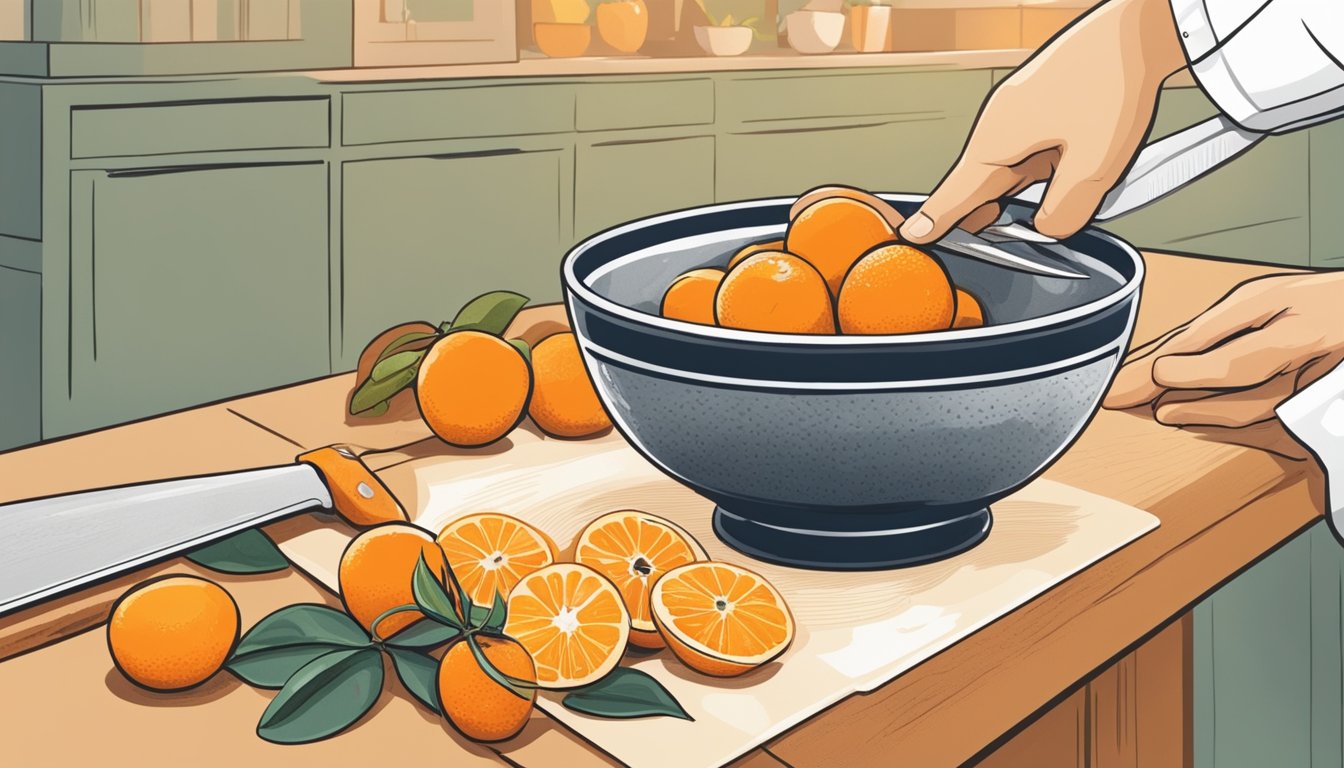 A hand reaching for a kumquat, a zester, and a bowl of orange zest. A chef's knife and cutting board are nearby