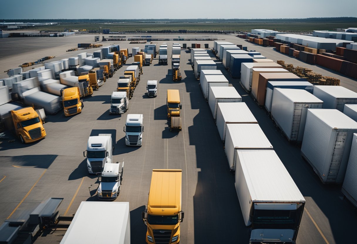 A fleet of semi-trucks lined up at a bustling shipping yard, with workers loading and unloading cargo onto the trailers